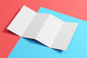 Empty sheet of paper folded on blue and red background. Mock up. 3d rendering