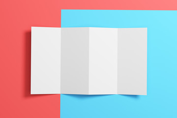 White blank sheet of folded paper on a bright blue and red background. Top view. Mock up. 3d rendering