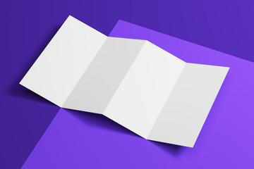 A blank folded white paper sheet on a purple background. Side view. Mock up. 3d rendering