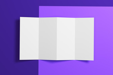 White empty folded paper on purple background. Top view. Mock up. 3d rendering