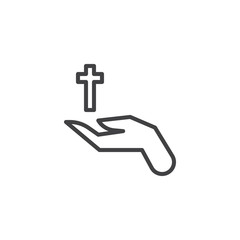 Hand with holy cross line icon. linear style sign for mobile concept and web design. Hands holding christian cross outline vector icon. Religion symbol, logo illustration. Vector graphics