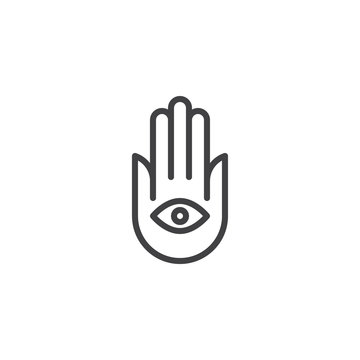 Hamsa hand line icon. Hand of Fatima linear style sign for mobile concept and web design. Eye in hand outline vector icon. Symbol, logo illustration. Vector graphics