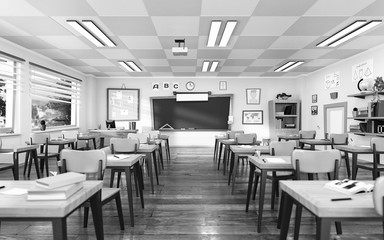 Empty school classroom in cartoon style. Education concept without students. 3d render interior black and white illustration. Back to school design template.
