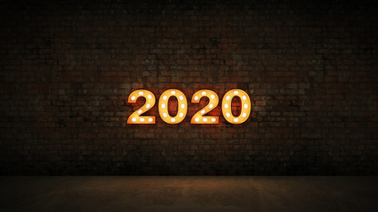 marquee light 2020 letter sign, New Year 2020. 3d rendering