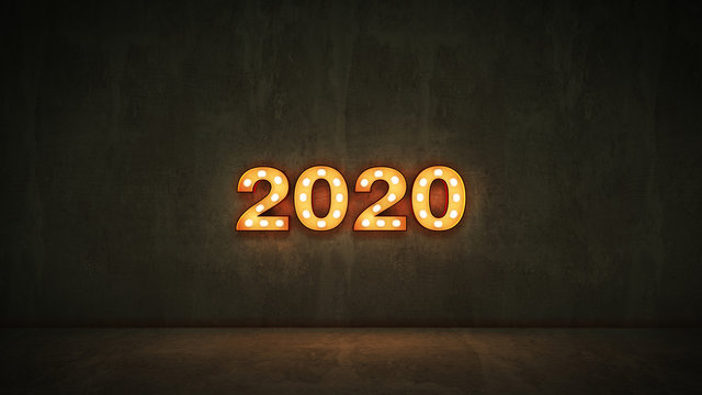 marquee light 2020 letter sign, New Year 2020. 3d rendering