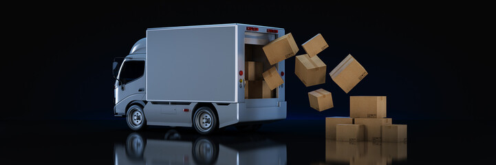 white delivery truck with cardboard boxes. 3d rendering