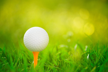 golf ball on tee in a beautiful golf course with morning sunshine