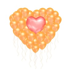 Pink balloon in the shape of a heart surrounded by golden balloons on a white isolated background. 3d rendering