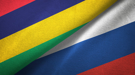 Mauritius and Russia two flags textile cloth, fabric texture