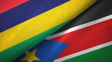 Mauritius and South Sudan two flags textile cloth, fabric texture