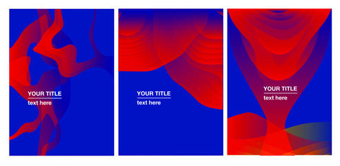 Bright modern cover design. Set of backgrounds, in vivid colors for web banner, print, catalogue. Wave and stripes elements overlays each other with gradients and shadings. Blue background and duotone