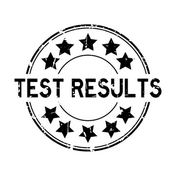 Grunge black test results word with star icon rubber seal stamp on white background