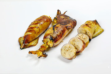 Charcoal grilled stuffed Squid Calamari cattle fish on white background