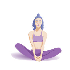 A young girl is meditating in the lotus position. Deep detachment training yoga. Vector illustration. Athletic slim female character