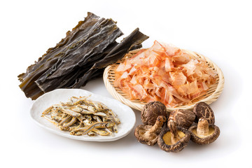 出汁の食材　Ingredients of Japanese fish broth (Bonito Flakes,Dried kelp,Dried sardine,Dried shiitake mushroom)