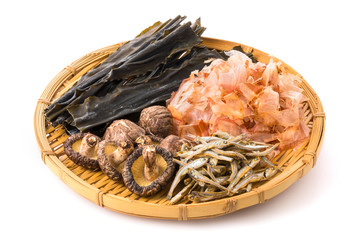 出汁の食材　Ingredients of Japanese fish broth (Bonito Flakes,Dried kelp,Dried sardine,Dried shiitake mushroom)