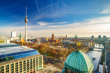 Aerial view on Alexanderplatz and Spree river, Berlin, Germany