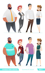 Fototapeta na wymiar People in two different style of clothes. Character design collection in business and casual clothes.
