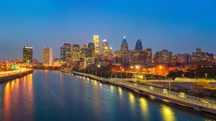 Fototapeta na wymiar Panoramic picture of Philadelphia skyline and Schuylkill river at night, PA, USA.