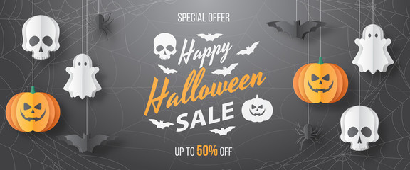 Happy Halloween sale vector banner. Paper cut style. Vector illusration