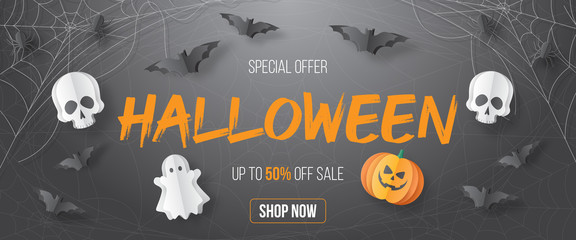 Happy Halloween sale vector banner. Paper cut style. Vector illusration