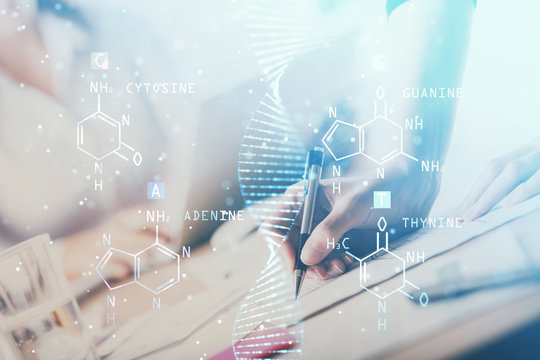 DNA theme hologram over woman's hands writing background. Concept of education. Double exposure