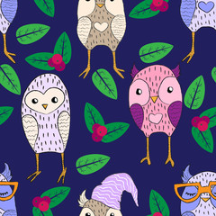 Vector seamless pattern with hand draw illustration of funny cartoons owl with crayon lines on dark blue background with leaves and berrys