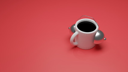 Concept of cup of coffee and alarm clock or coffee time at work. 3d illustration