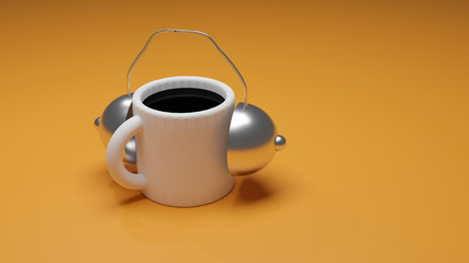 Concept of cup of coffee and alarm clock or coffee time at work. 3d illustration