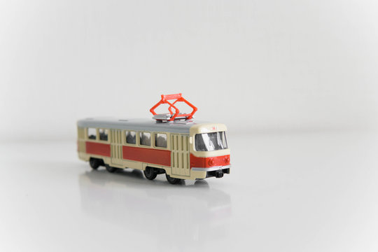 Car model, toy tramway pictured close-up