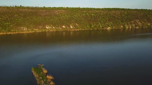 Flight over the river aat spring time. Dniester river of Moldova republic.