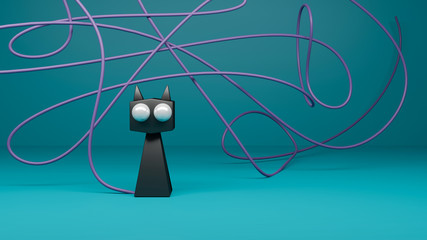 Cute black cat with  style kawaii. 3d illustration
