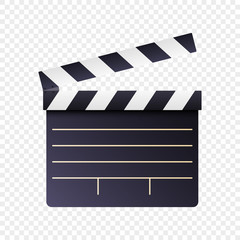 Realistic movie and film clapperboard icon on white transparent background. Art design cinema slate board template. Abstract concept graphic filmmaking element