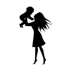 Naklejka na ściany i meble black women silhouette with little child isolated on white background, holiday clipart. Happy Mother's day greeting card. Vector illustration mother and baby.