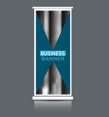 Roll up banner design. Vertical narrow flyer template. Advertising panel layout. Blue vector illustration.