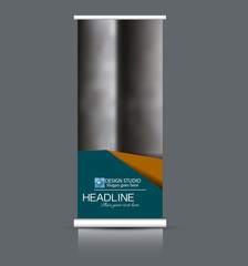 Roll up banner design. Vertical narrow flyer template. Advertising panel layout. Green and brown vector illustration.