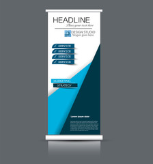 Roll up banner design. Vertical narrow flyer template. Advertising panel layout. Blue vector illustration.