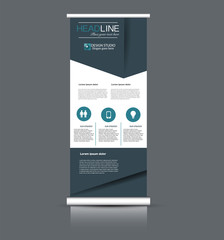 Roll up banner design. Vertical narrow flyer template. Advertising panel layout. Blue vector illustration.