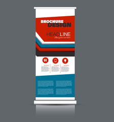 Roll up banner design. Vertical narrow flyer template. Advertising panel layout. Blue and red vector illustration.