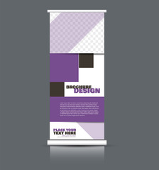 Roll up banner design. Vertical narrow flyer template. Advertising panel layout. Purple vector illustration.