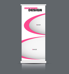 Roll up banner design. Vertical narrow flyer template. Advertising panel layout. Pink and grey vector illustration.