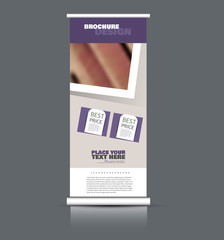 Roll up banner design. Vertical narrow flyer template. Advertising panel layout. Purple vector illustration.