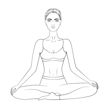 Black and white vector image of a woman practicing yoga or meditation. Relaxed, pacified young adult. EPS 10.