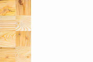 Naklejka na ściany i meble Line of textured wooden square blocks on white background, Horizontal with copy space for text and design about wood work, natural timber, building