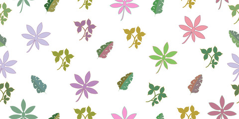 Seamless pattern with tropical leaves and herbs. Isolated elements on a white background.