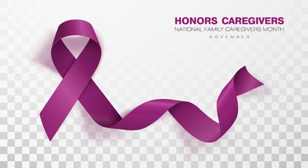 Honors Caregivers. National Family Caregivers Month. Plum Color Ribbon Isolated On Transparent Background. Vector Design Template For Poster.