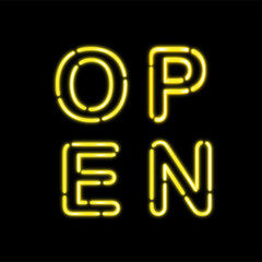 Open sign neon light yellow text on black background glow in the dark at night vector