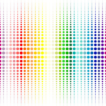 colorful dots from huge centre to tiny upper and lower margins. rainbow color concept. seamless pattern. vector illustration.