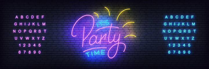Party neon template. Glowing lettering Party sign for birthday, anniversary, bar.