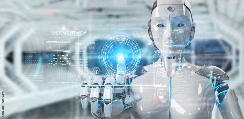 Poster white humanoid robot using digital technological interface with datas 3d rendering